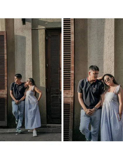 A diptych showing two relaxed poses against a textured wall in Mumbai. This showcases how we can capture different facets of your personality even in a single location during your pre-wedding shoot.