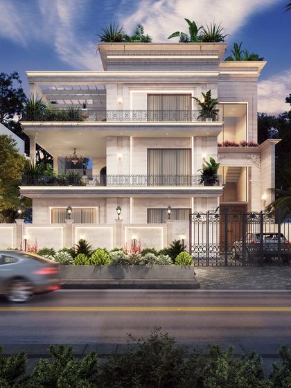 A night-time exterior render that captures the glamour of a multi-story residence. We use strategic exterior and interior lighting to create a warm, inviting glow, highlighting the home's architectural features and lush landscaping after dark.