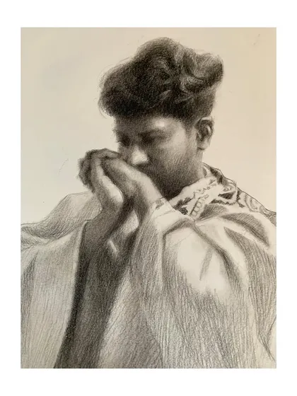 A self-portrait from a different period, rendered in pencil. The focus here is on the structure of the face and the texture of the hair, a practice in pure observation.
