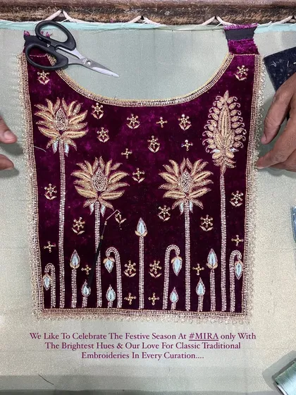 A work-in-progress view of a royal purple velvet blouse being embroidered with Zardosi. This showcases the Rajwada-inspired heritage and meticulous handwork that goes into my festive collections.
