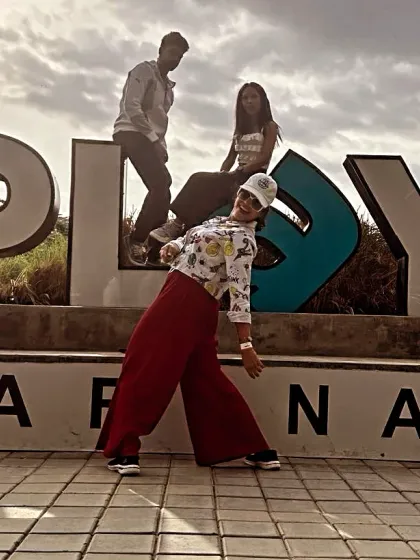 A playful pose at Play Arena. I believe in living life with energy and a sense of fun.