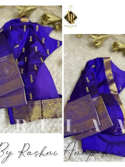 A simple yet classic royal blue blouse. The saree's original zari border with peacock motifs is used for the sleeves, and the body has scattered butis.