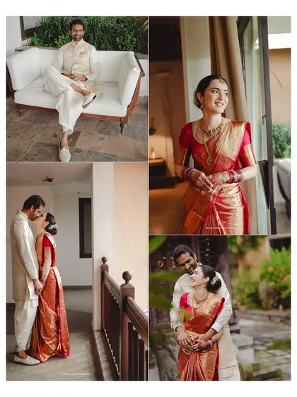 A collage of Elisabetta and Suman's wedding, showing a mix of posed portraits and candid moments. This gives a full picture of their beautiful cross-cultural celebration.