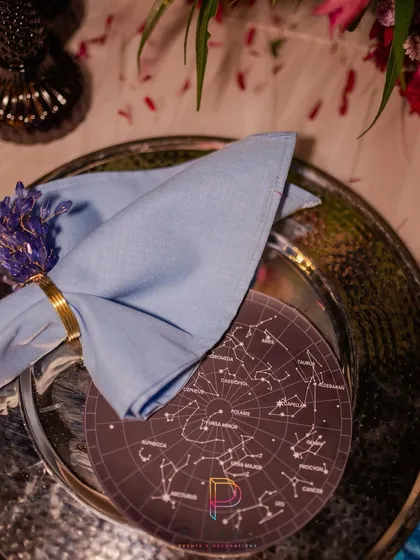 Even the place settings were on theme. We designed these custom coasters with a star chart print, paired with a simple blue napkin and a floral napkin ring.