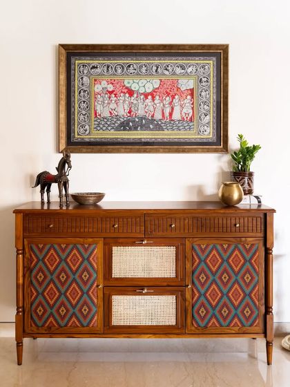 The Ramaniyam collection, a result of a deep collaboration with one of our earliest clients. This project includes a lounge sofa, tile-inlay center table, TV unit, dining set, and a statement console, all designed to reflect the client's cultural roots.