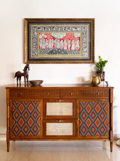 The Ramaniyam collection, a result of a deep collaboration with one of our earliest clients. This project includes a lounge sofa, tile-inlay center table, TV unit, dining set, and a statement console, all designed to reflect the client's cultural roots.