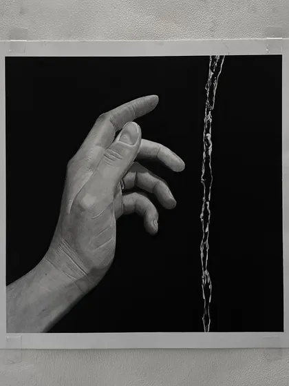 The "Water" drawing taped to my wall, showing the work in its raw, unframed state.