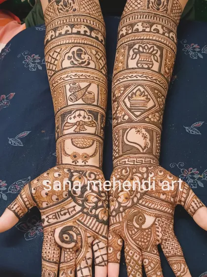 This design is filled with symbolic elements of a Hindu wedding, including a kalash (pot), coconut, and other ritual items, creating a story of traditions.