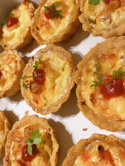 These yummy chicken tarts are a perfect party snack. Each tart has a flaky, buttery shell filled with a savory chicken mixture and topped with a golden-brown cheesy layer, garnished with a bit of ketchup and dill.