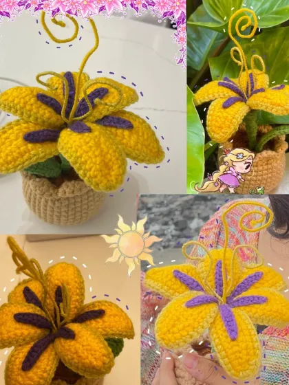 Here are a few different angles of the crochet Sundrop flower pot. I wanted to capture its whimsical design from every side, from the purple accents to the signature swirl.