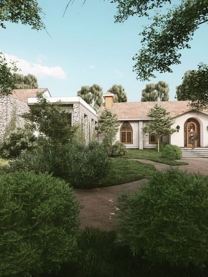 A design render for "The Abbey House," a luxurious 11,000 sq.ft. villa inspired by Bangalore's heritage of bungalows and gothic cathedrals. The home is broken into three smaller "quarters" to create the feeling of a village that has grown over time.