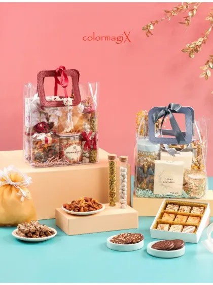 Our modern PVC transparent hamper bags offer a contemporary and chic gifting option. They beautifully showcase the curated items inside while being stylishly portable.