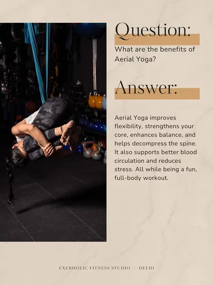 What are the benefits? Aerial yoga improves flexibility, strengthens your core, enhances balance, and decompresses the spine, all while being a fun, full-body workout.