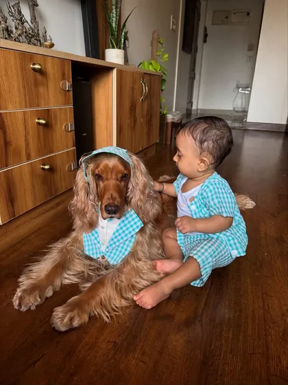 The two brothers in their matching gingham outfits. Pablo seems to be admiring his big brother's style.