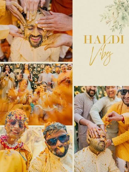 A collage of the messy, fun-filled moments of the Haldi, with turmeric being applied enthusiastically.