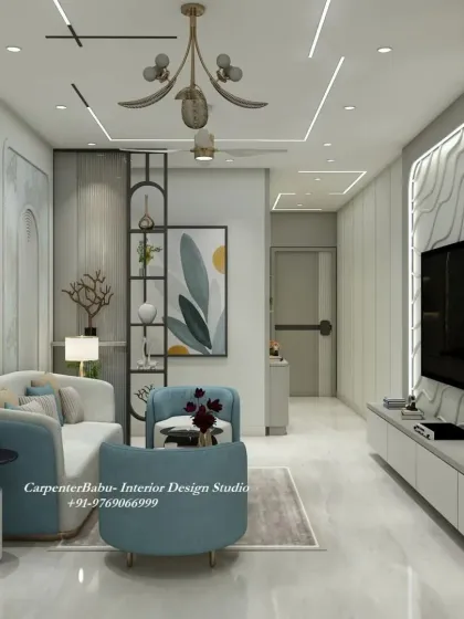 A full view of a living room where different textures and shapes come together. The wavy TV panel, fluted walls, and sleek furniture create a dynamic and modern space.