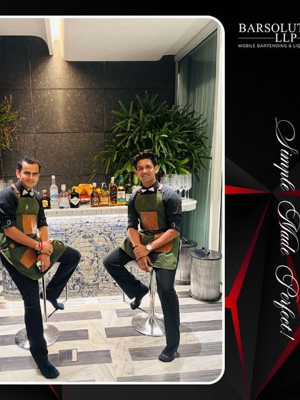 Our bartenders taking a moment at a private event, showcasing their professional and coordinated appearance.
