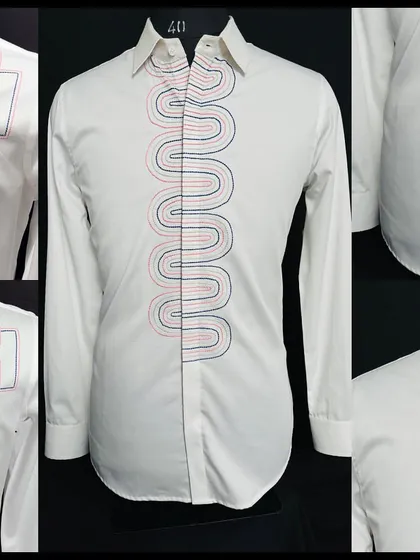 A collage showcasing the 'Rainbow Grid' and 'Cosmic Twist' shirts. These pieces feature colorful geometric and wave-like embroidery, perfect for expressing playful energy.