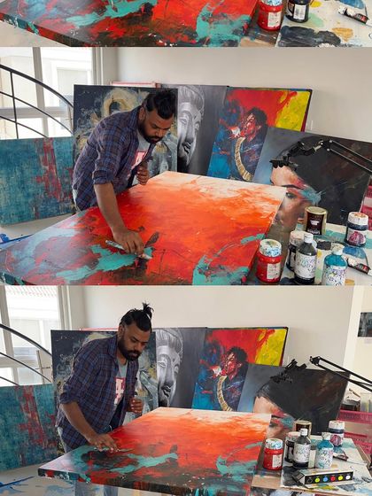 A wider view of the studio as I work on the large abstract canvas. It's a physical process that involves the whole body.