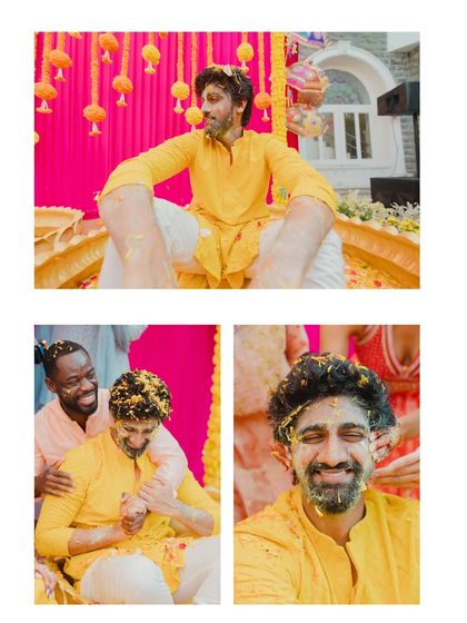 A collage of the groom's Haldi moments, capturing his joyful expressions as he is lovingly covered in turmeric by friends and family.