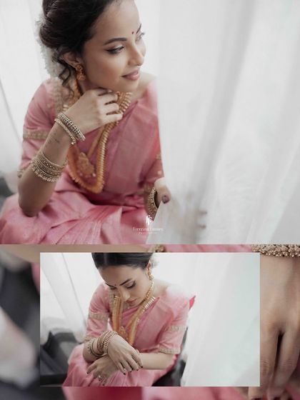 A collage capturing the bride's elegance during her engagement, showing details of her pink saree, her ring, and her joyful expressions.