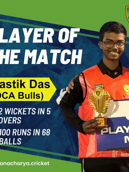 Swastik Das of DCA Bulls was named Player of the Match for his spectacular all-round show: a century with the bat and 2 crucial wickets with the ball.