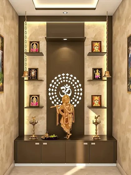 A modern pooja room designed for peace and serenity. This space features symmetrical shelving for idols, soft backlighting, and an elegant central 'Om' motif, with concealed lower cabinets to keep prayer essentials neatly stored away.
