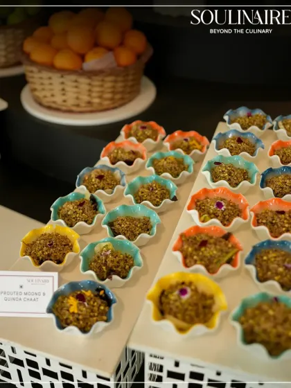 Sprouted Moong & Quinoa Chaat in colourful bowls, a healthy and vibrant option for event guests. We focus on creating menus that are both delicious and nourishing.