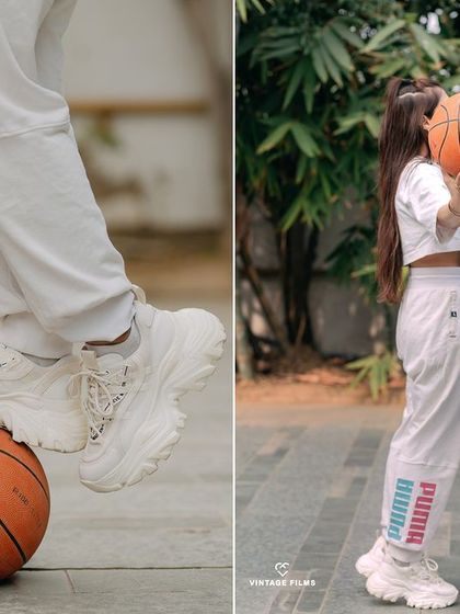 A fun detail shot from a basketball-themed pre-wedding shoot. This playful pose is a creative way to incorporate the couple's shared interest into their portraits.