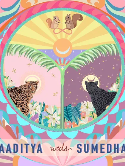 Every detail in my illustrations tells a part of your story. For this vibrant wedding invite cover, I included the couple's spirit animals, a leopard and a black panther, and even drew them as squirrels with a stethoscope to represent their professions. It's a perfect example of how we can incorporate quirky and deeply personal elements.
