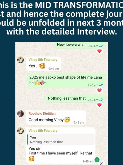 This is Vinay's mid-transformation progress, a chartered accountant who lost 14 kgs. We used a customized nutrition strategy with home-cooked meals like poha, eggs, and sprout salad, combined with short 20-minute home workouts. His weekly measurements show the consistent results.