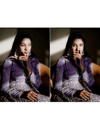 A diptych of the bride in her purple velvet outfit, her expressive poses captured in dramatic lighting.