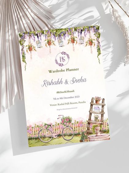 A beautifully designed wardrobe planner for Rishabh and Sneha. The card uses a soft watercolor floral theme to create a romantic and cohesive guide for all the wedding festivities.