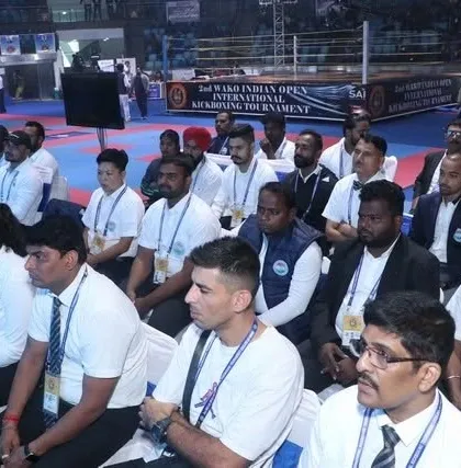 Officials and dignitaries seated at the WAKO Indian Open. The presence of esteemed guests highlights the growing stature of kickboxing in India.