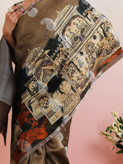 Another detailed shot of the narrative print, inspired by ancient Indian art.