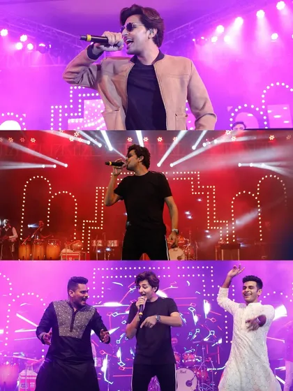 A collage of a popular Bollywood singer captivating the audience, highlighting the concert-like atmosphere and professional stage production of the event.