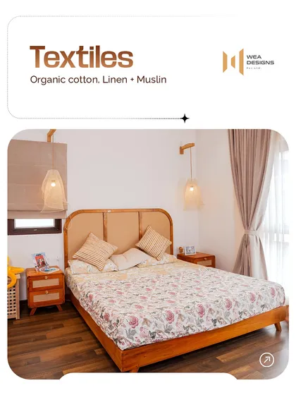 We use natural textiles like organic cotton and linen to add warmth and texture to our minimalist designs, as seen on this bed.