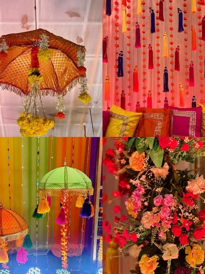 A collage of intricate details from a multicolor Mehendi decor. It showcases decorative umbrellas, colorful tassels, and vibrant floral arrangements that add to the festive atmosphere.