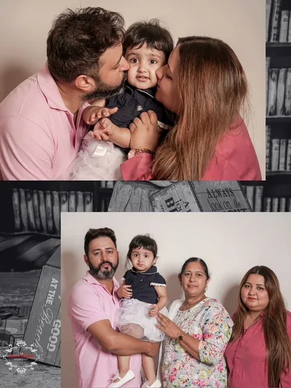 A collection of photos from an in-home shoot, showing both intimate parent-child moments and a full family portrait.