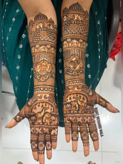 In this full bridal design, I included figures of a bride and groom in a traditional setting. This kind of storytelling through henna is a beautiful way to celebrate your union.