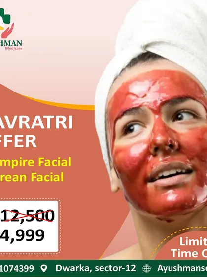 This graphic highlights our special Navratri offer on popular treatments like the Vampire Facial and Korean Facial. We provide these limited-time deals to help you celebrate with a radiant glow.