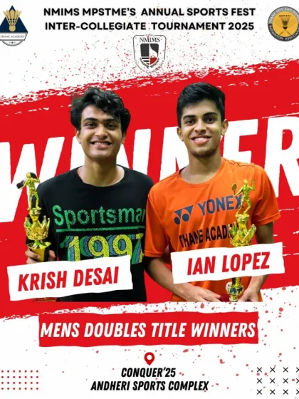 Krish Desai and Ian Lopez as Men's Doubles title winners at the NMIMS Inter-Collegiate Tournament.