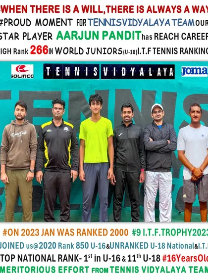 A proud moment for the team as our star player Aarjun Pandit achieves a career-high world junior ranking of 266. He started 2023 ranked 2000, a testament to his hard work.