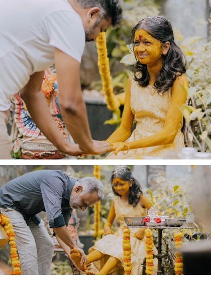A collage from a Half Saree Haldi ceremony, showing the blessings from family members.