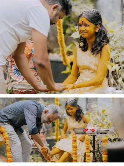 A collage from a Half Saree Haldi ceremony, showing the blessings from family members.