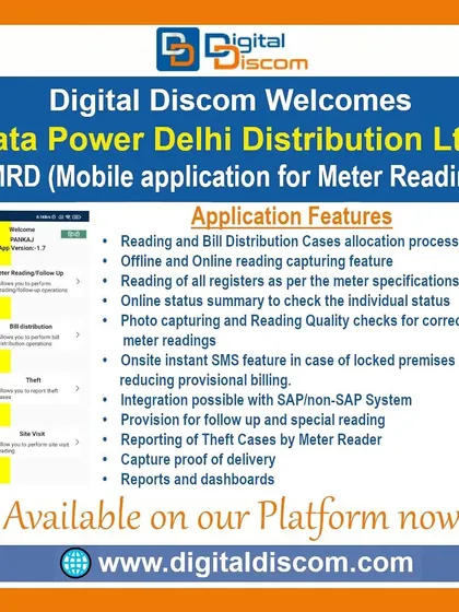 We provide proven mobile applications to digitize your fieldwork. This is the SMRD application from Tata Power DDL, designed for accurate, error-free meter reading and timely bill distribution, featuring photo capture, quality checks, and integration with SAP systems to reduce billing complaints.