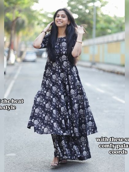 Beat the heat in style with these super comfy black printed palazzo co-ords. The flowy kurta and wide leg pants are perfect for hot summer days.