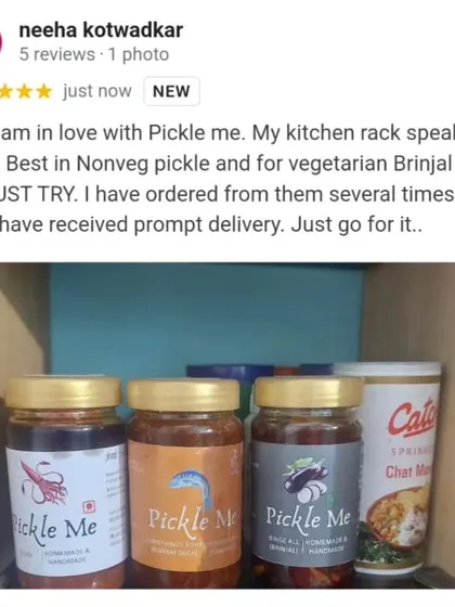 A happy customer's kitchen rack speaks for itself. We are thrilled to be a must-try for both non-veg and vegetarian pickles, with prompt delivery every time.