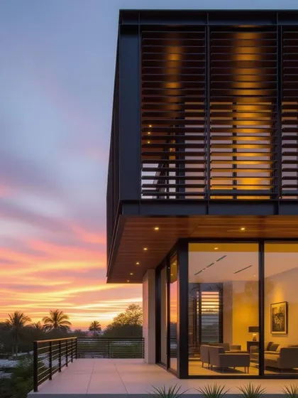 A detail shot of the same modern home at dusk. The warm interior light filtering through the wooden louvers highlights how our designs enhance the building's aesthetic day and night.