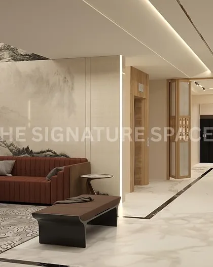 We executed the installation of this large, artistic wall mural and the surrounding indirect lighting strips. Our team is experienced in handling delicate and large-scale decorative elements within a larger construction project.